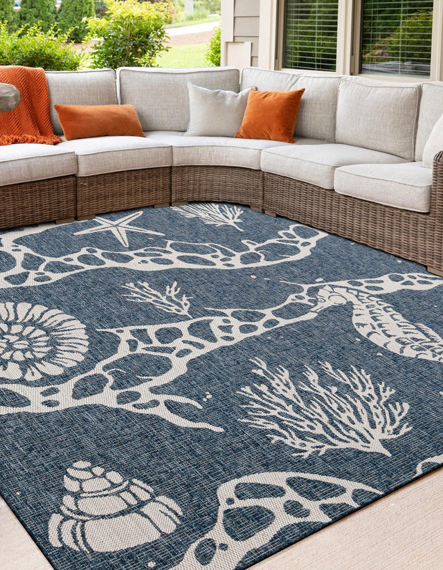 Navy Blue 10' x 10' Outdoor Coastal Square Area Rug Weather Resistant for Patio, Deck, Terrace, Balcony, Porch 100% Polypropylene Coastal Decor Carpet for Sale at Rug Engine