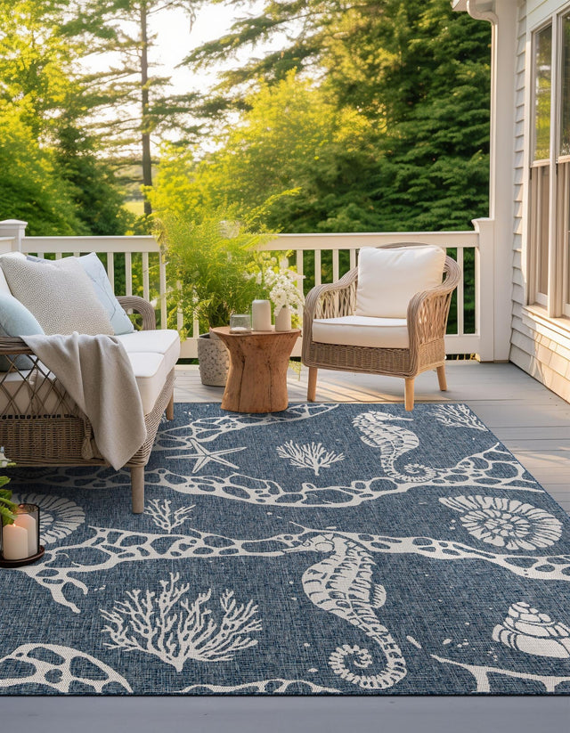 Navy Blue 10' x 10' Outdoor Coastal Square Area Rug Weather Resistant for Patio, Deck, Terrace, Balcony, Porch 100% Polypropylene Coastal Decor Carpet for Sale at Rug Engine