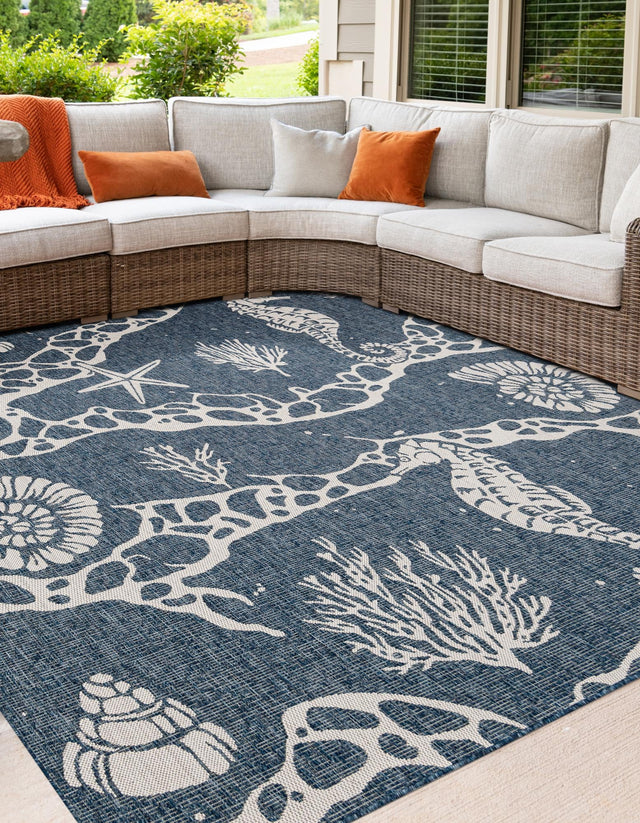 Navy Blue 10' x 10' Outdoor Coastal Square Area Rug Weather Resistant for Patio, Deck, Terrace, Balcony, Porch 100% Polypropylene Coastal Decor Carpet for Sale at Rug Engine