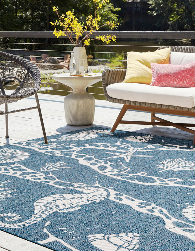 Navy Blue 10' x 10' Outdoor Coastal Square Area Rug Weather Resistant for Patio, Deck, Terrace, Balcony, Porch 100% Polypropylene Coastal Decor Carpet for Sale at Rug Engine