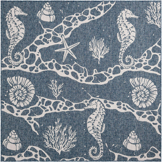 Navy Blue 7' 10 x 7' 10 Outdoor Coastal Square Area Rug Weather Resistant for Patio, Deck, Terrace, Balcony, Porch 100% Polypropylene Coastal Decor Carpet for Sale at Rug Engine