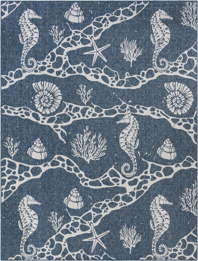 Navy Blue 9' x 12' Outdoor Coastal Rectangle Area Rug Weather Resistant for Patio, Deck, Terrace, Balcony, Porch 100% Polypropylene Coastal Decor Carpet for Sale at Rug Engine