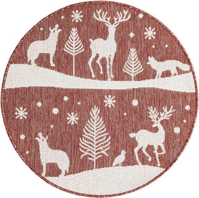 Seasonal Festive Red 3' 1 x 3' 1 Outdoor Holiday Round Area Rug Weather Resistant for Patio, Deck, Terrace, Balcony, Porch Winter Decor Carpet for Sale at Rug Engine