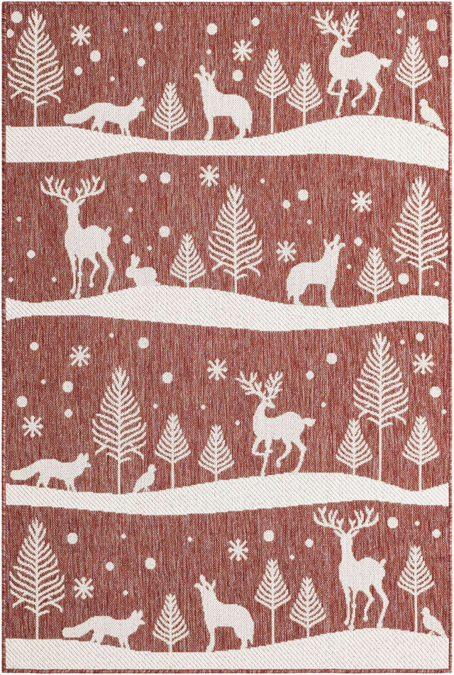Seasonal Festive Red 4' 1 x 6' 1 Outdoor Holiday Rectangle Area Rug Weather Resistant for Patio, Deck, Terrace, Balcony, Porch Winter Decor Carpet for Sale at Rug Engine