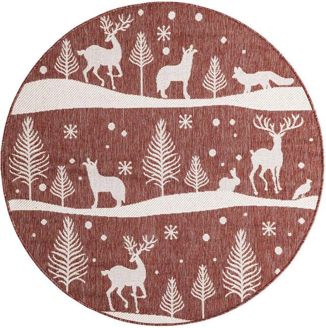 Seasonal Festive Red 5' 3 x 5' 3 Outdoor Holiday Round Area Rug Weather Resistant for Patio, Deck, Terrace, Balcony, Porch Winter Decor Carpet for Sale at Rug Engine