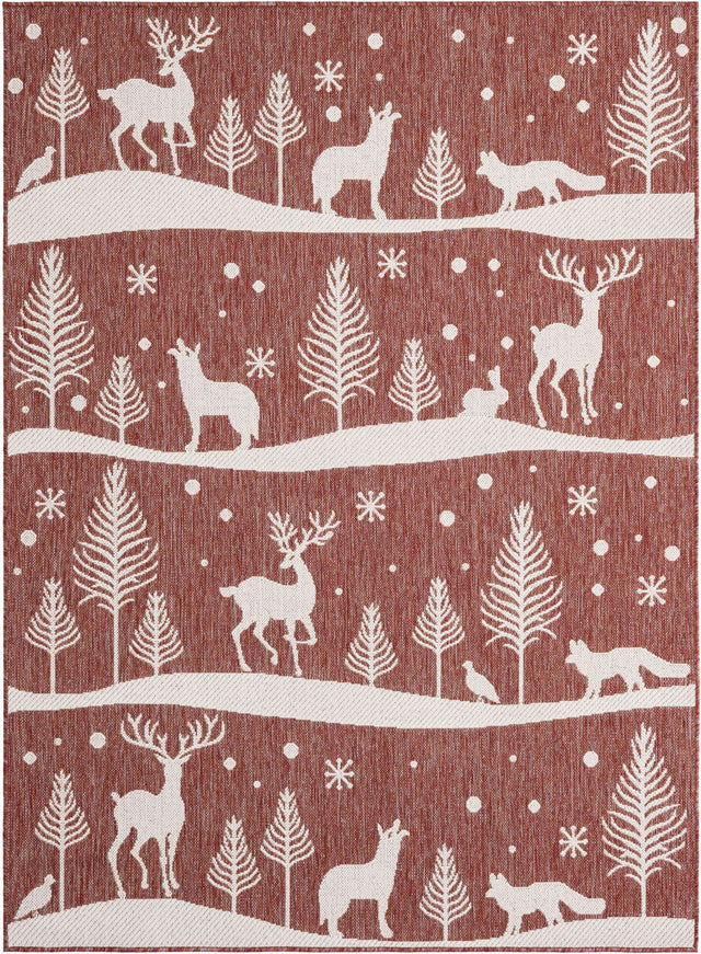 Seasonal Festive Red 5' 3 x 7' 1 Outdoor Holiday Rectangle Area Rug Weather Resistant for Patio, Deck, Terrace, Balcony, Porch Winter Decor Carpet for Sale at Rug Engine