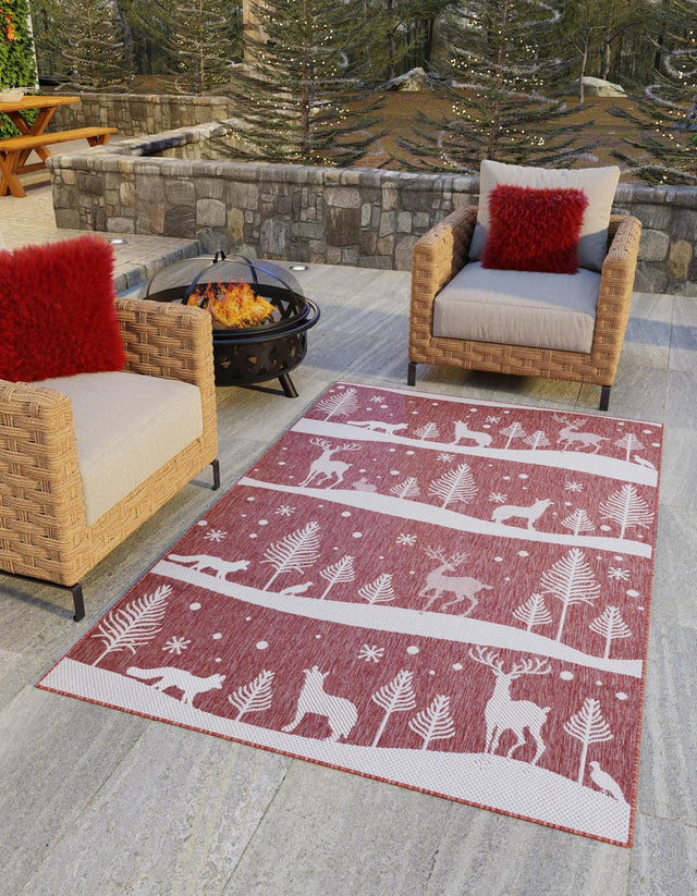 Seasonal Festive Red 7' 10 x 10' Outdoor Holiday Rectangle Area Rug Weather Resistant for Patio, Deck, Terrace, Balcony, Porch