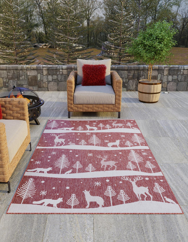 Seasonal Festive Red 7' 10 x 10' Outdoor Holiday Rectangle Area Rug Weather Resistant for Patio, Deck, Terrace, Balcony, Porch
