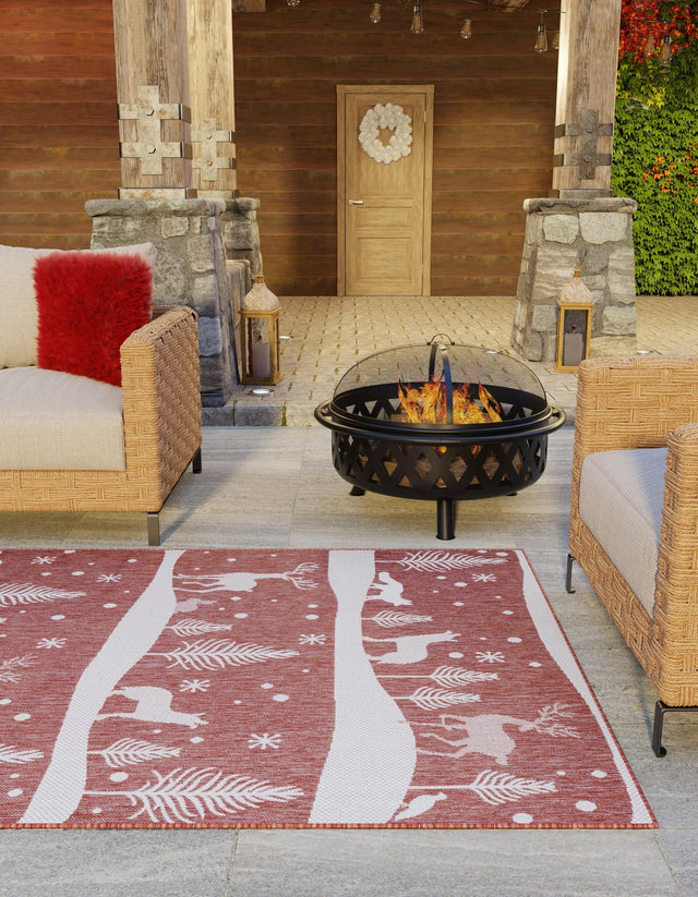 Seasonal Festive Red 7' 10 x 10' Outdoor Holiday Rectangle Area Rug Weather Resistant for Patio, Deck, Terrace, Balcony, Porch