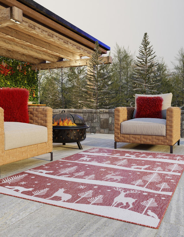 Seasonal Festive Red 7' 10 x 10' Outdoor Holiday Rectangle Area Rug Weather Resistant for Patio, Deck, Terrace, Balcony, Porch