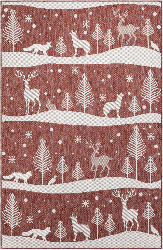 Seasonal Festive Red 5' 3 x 8' Outdoor Holiday Rectangle Area Rug Weather Resistant for Patio, Deck, Terrace, Balcony, Porch Winter Decor Carpet for Sale at Rug Engine