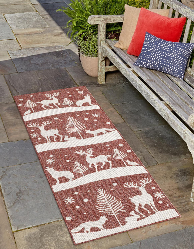 Seasonal Festive Red 2' x 8' Outdoor Holiday Runner Area Rug Weather Resistant for Patio, Deck, Terrace, Balcony, Porch
