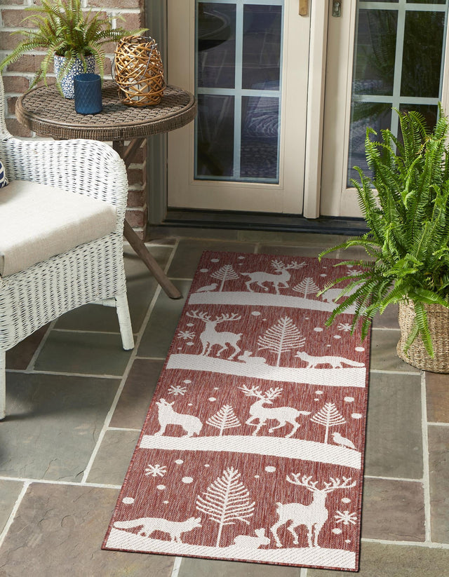 Seasonal Festive Red 2' x 8' Outdoor Holiday Runner Area Rug Weather Resistant for Patio, Deck, Terrace, Balcony, Porch