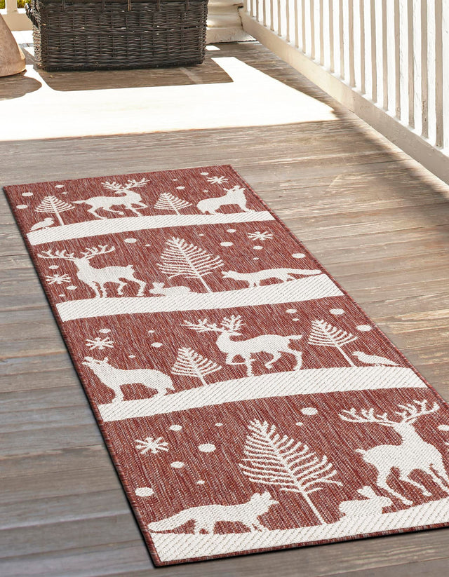 Seasonal Festive Red 2' x 8' Outdoor Holiday Runner Area Rug Weather Resistant for Patio, Deck, Terrace, Balcony, Porch