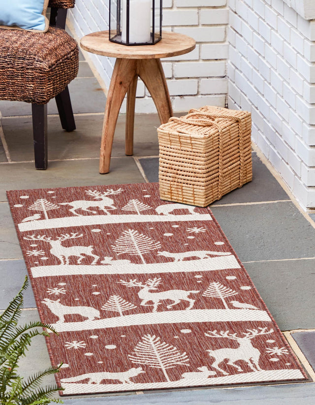 Seasonal Festive Red 2' x 8' Outdoor Holiday Runner Area Rug Weather Resistant for Patio, Deck, Terrace, Balcony, Porch