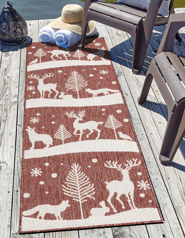 Seasonal Festive Red 2' x 8' Outdoor Holiday Runner Area Rug Weather Resistant for Patio, Deck, Terrace, Balcony, Porch