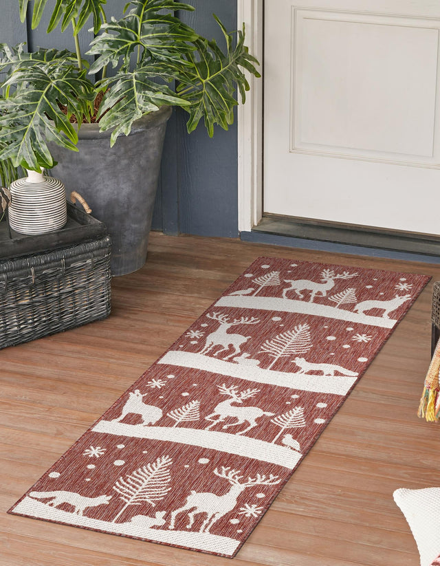 Seasonal Festive Red 2' x 8' Outdoor Holiday Runner Area Rug Weather Resistant for Patio, Deck, Terrace, Balcony, Porch