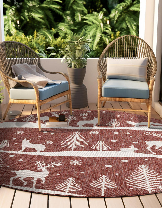 Seasonal Festive Red 7' 10 x 7' 10 Outdoor Holiday Round Area Rug Weather Resistant for Patio, Deck, Terrace, Balcony, Porch Winter Decor Carpet for Sale at Rug Engine