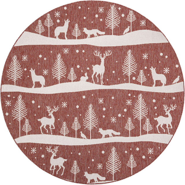 Seasonal Festive Red 7' 10 x 7' 10 Outdoor Holiday Round Area Rug Weather Resistant for Patio, Deck, Terrace, Balcony, Porch Winter Decor Carpet for Sale at Rug Engine