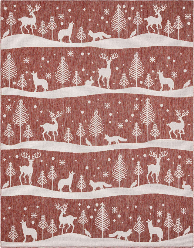 Seasonal Festive Red 7' 10 x 10' Outdoor Holiday Rectangle Area Rug Weather Resistant for Patio, Deck, Terrace, Balcony, Porch