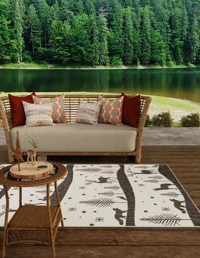 Seasonal Festive Black and White 9' x 12' Outdoor Holiday Rectangle Area Rug Weather Resistant for Patio, Deck, Terrace, Balcony, Porch