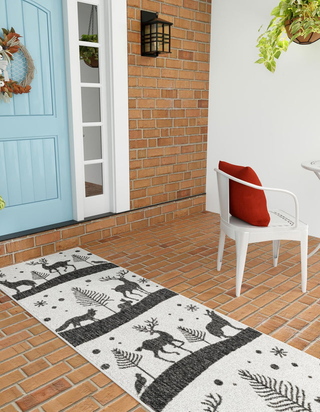 Seasonal Festive Black and White 2' x 5' 3 Outdoor Holiday Runner Area Rug Weather Resistant for Patio, Deck, Terrace, Balcony, Porch