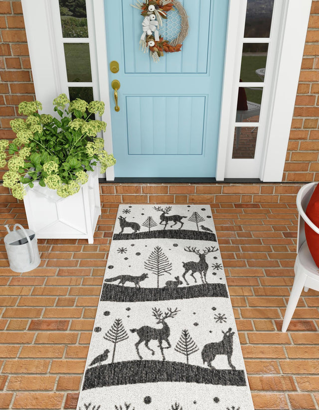Seasonal Festive Black and White 2' x 5' 3 Outdoor Holiday Runner Area Rug Weather Resistant for Patio, Deck, Terrace, Balcony, Porch