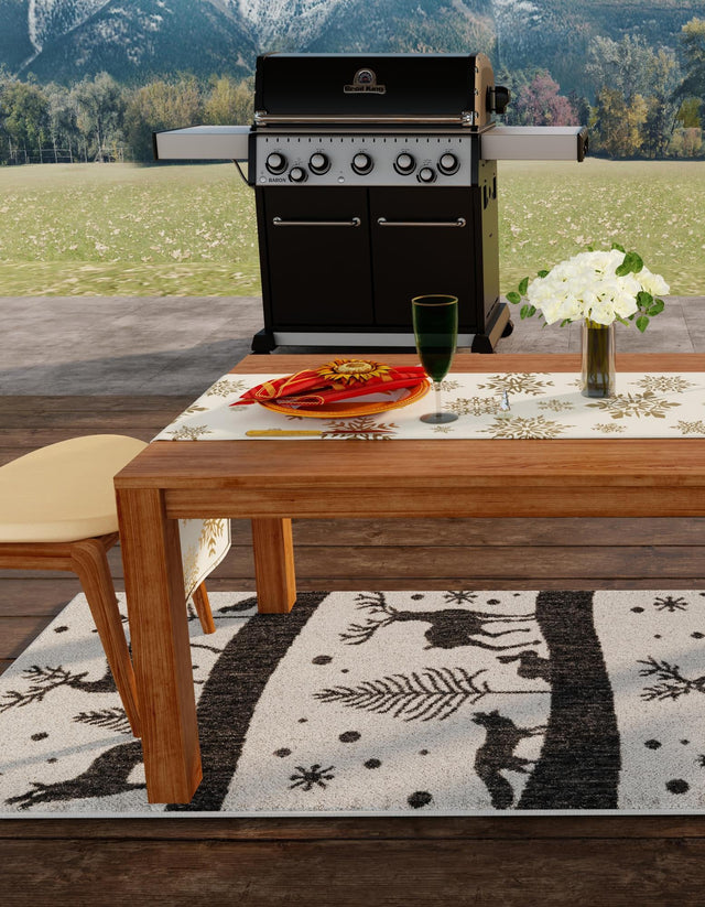 Seasonal Festive Black and White 2' x 5' 3 Outdoor Holiday Runner Area Rug Weather Resistant for Patio, Deck, Terrace, Balcony, Porch