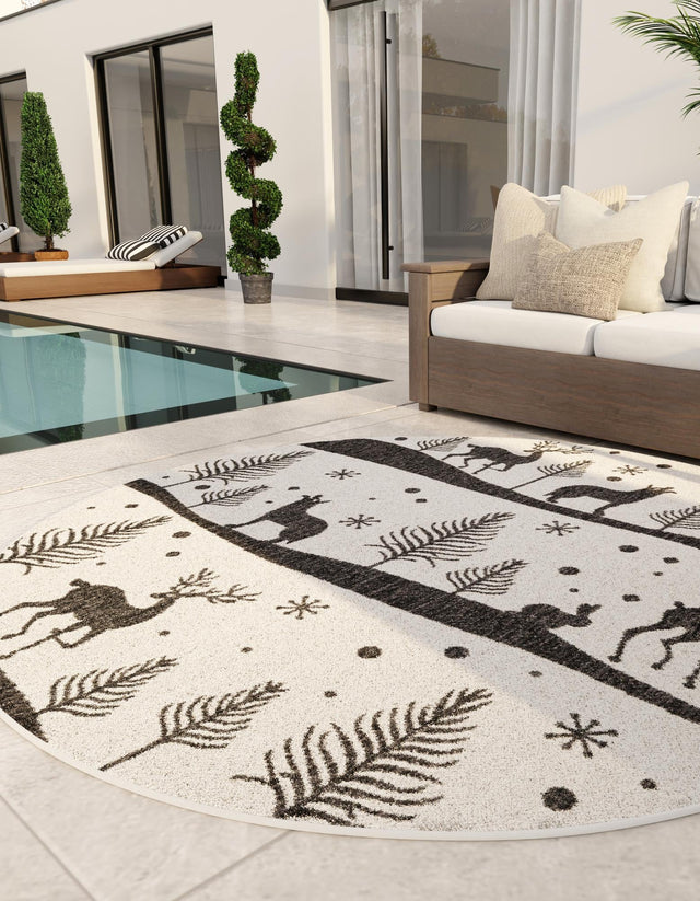 Seasonal Festive Black and White 5' 3 x 5' 3 Outdoor Holiday Round Area Rug Weather Resistant for Patio, Deck, Terrace, Balcony, Porch