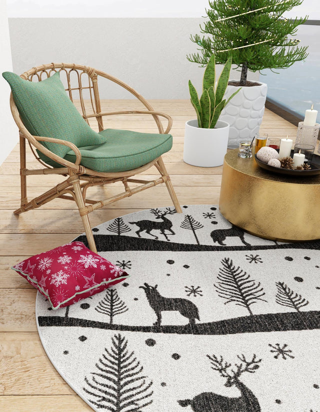 Seasonal Festive Black and White 3' 1 x 3' 1 Outdoor Holiday Round Area Rug Weather Resistant for Patio, Deck, Terrace, Balcony, Porch