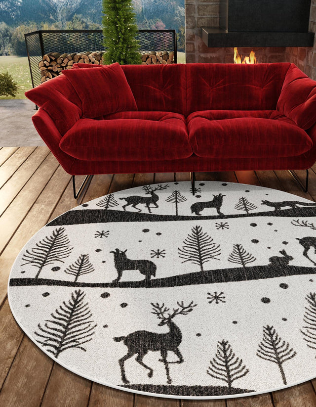 Seasonal Festive Black and White 7' 10 x 7' 10 Outdoor Holiday Round Area Rug Weather Resistant for Patio, Deck, Terrace, Balcony, Porch Winter Decor Carpet for Sale at Rug Engine
