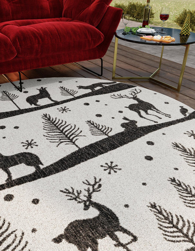 Seasonal Festive Black and White 3' 1 x 3' 1 Outdoor Holiday Round Area Rug Weather Resistant for Patio, Deck, Terrace, Balcony, Porch