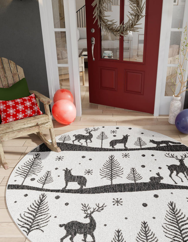 Seasonal Festive Black and White 3' 1 x 3' 1 Outdoor Holiday Round Area Rug Weather Resistant for Patio, Deck, Terrace, Balcony, Porch