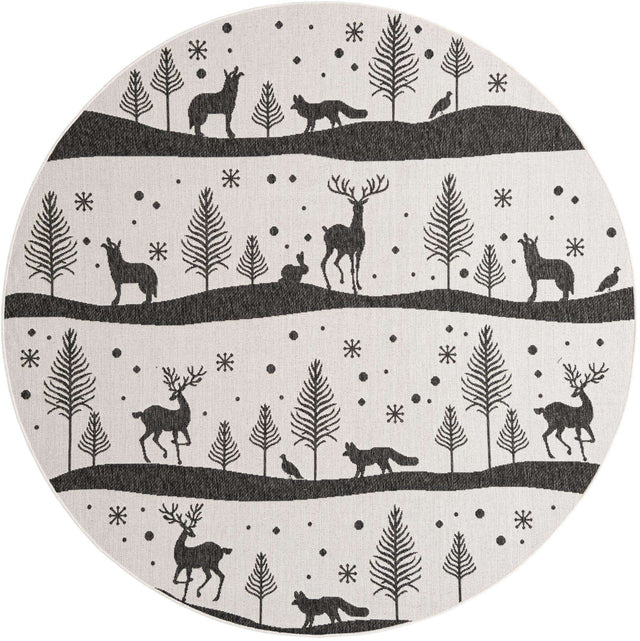 Seasonal Festive Black and White 7' 10 x 7' 10 Outdoor Holiday Round Area Rug Weather Resistant for Patio, Deck, Terrace, Balcony, Porch Winter Decor Carpet for Sale at Rug Engine