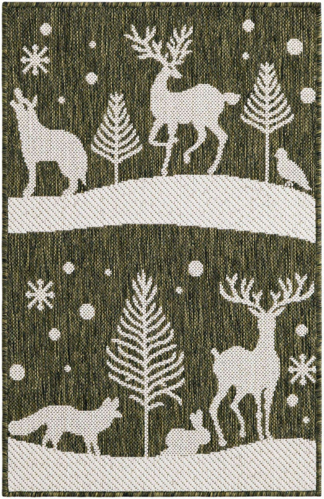 Seasonal Festive Green 2' x 3' 1 Outdoor Holiday Rectangle Area Rug Weather Resistant for Patio, Deck, Terrace, Balcony, Porch Winter Decor Carpet for Sale at Rug Engine