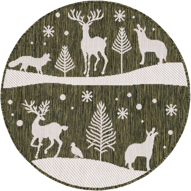 Seasonal Festive Green 3' 1 x 3' 1 Outdoor Holiday Round Area Rug Weather Resistant for Patio, Deck, Terrace, Balcony, Porch Winter Decor Carpet for Sale at Rug Engine