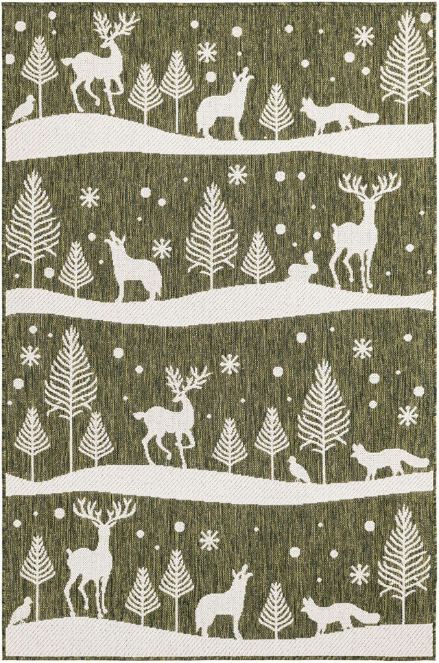 Seasonal Festive Green 4' 1 x 6' 1 Outdoor Holiday Rectangle Area Rug Weather Resistant for Patio, Deck, Terrace, Balcony, Porch Winter Decor Carpet for Sale at Rug Engine