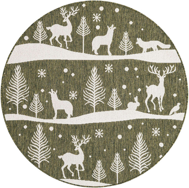 Seasonal Festive Green 5' 3 x 5' 3 Outdoor Holiday Round Area Rug Weather Resistant for Patio, Deck, Terrace, Balcony, Porch Winter Decor Carpet for Sale at Rug Engine