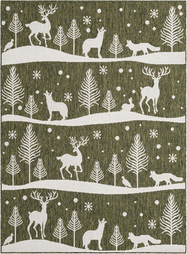 Seasonal Festive Green 5' 3 x 7' 1 Outdoor Holiday Rectangle Area Rug Weather Resistant for Patio, Deck, Terrace, Balcony, Porch Winter Decor Carpet for Sale at Rug Engine