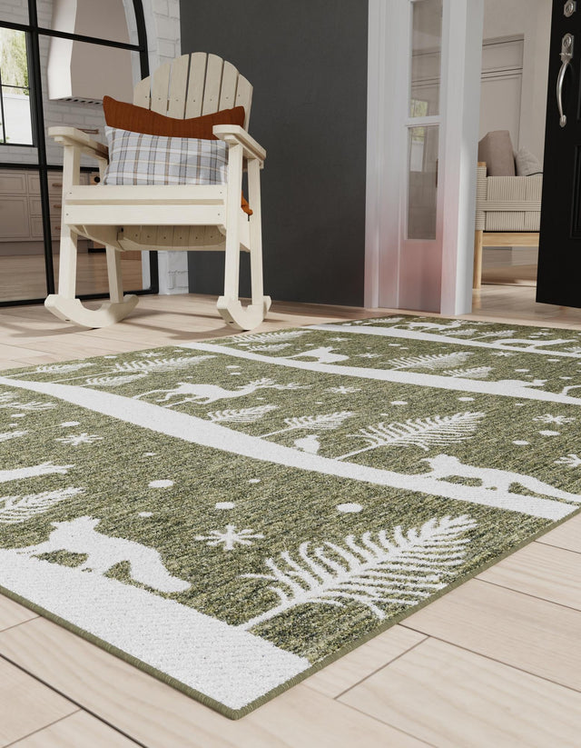 Seasonal Festive Green 5' 3 x 7' 1 Outdoor Holiday Rectangle Area Rug Weather Resistant for Patio, Deck, Terrace, Balcony, Porch Winter Decor Carpet for Sale at Rug Engine