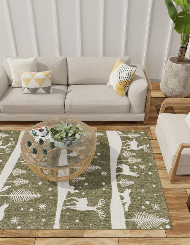 Seasonal Festive Green 9' x 12' Outdoor Holiday Rectangle Area Rug Weather Resistant for Patio, Deck, Terrace, Balcony, Porch