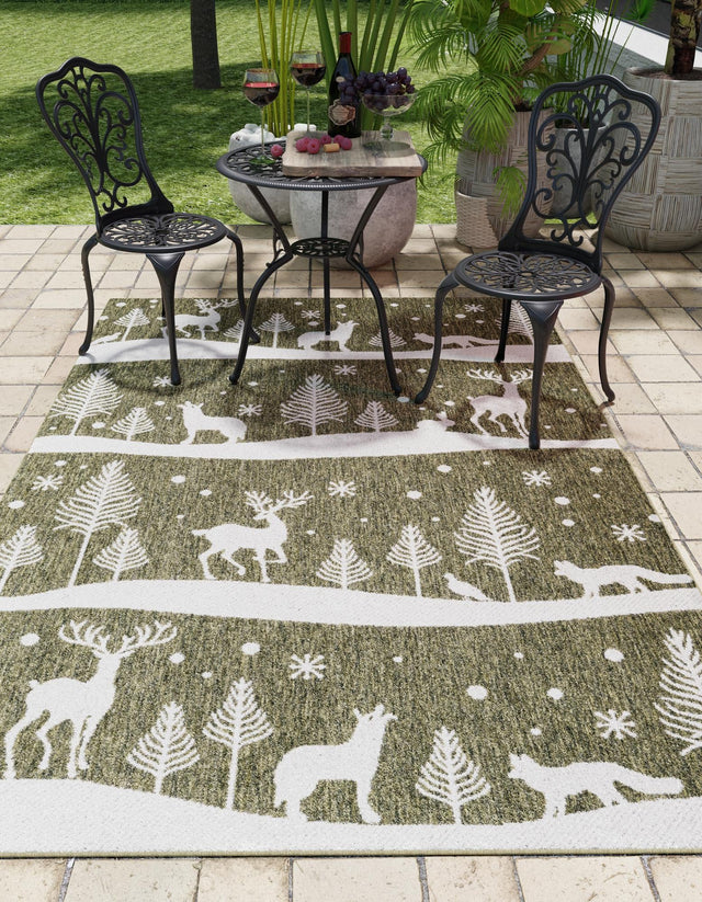 Seasonal Festive Green 9' x 12' Outdoor Holiday Rectangle Area Rug Weather Resistant for Patio, Deck, Terrace, Balcony, Porch