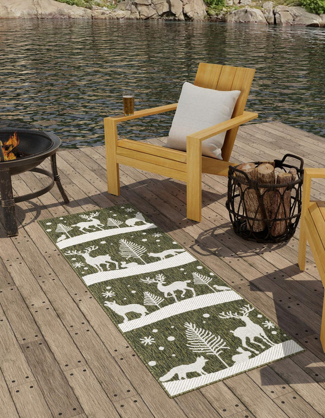 Seasonal Festive Green 2' x 8' Outdoor Holiday Runner Area Rug Weather Resistant for Patio, Deck, Terrace, Balcony, Porch