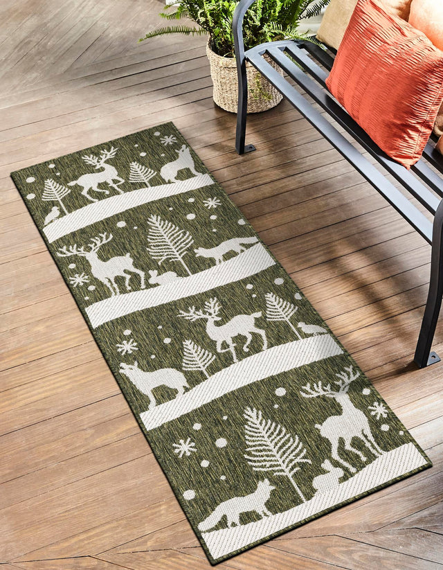 Seasonal Festive Green 2' x 6' 1 Outdoor Holiday Runner Area Rug Weather Resistant for Patio, Deck, Terrace, Balcony, Porch