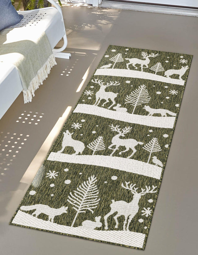 Seasonal Festive Green 2' x 8' Outdoor Holiday Runner Area Rug Weather Resistant for Patio, Deck, Terrace, Balcony, Porch