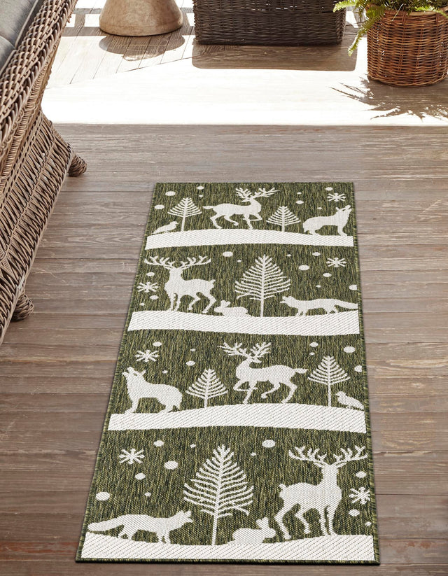 Seasonal Festive Green 2' x 6' 1 Outdoor Holiday Runner Area Rug Weather Resistant for Patio, Deck, Terrace, Balcony, Porch