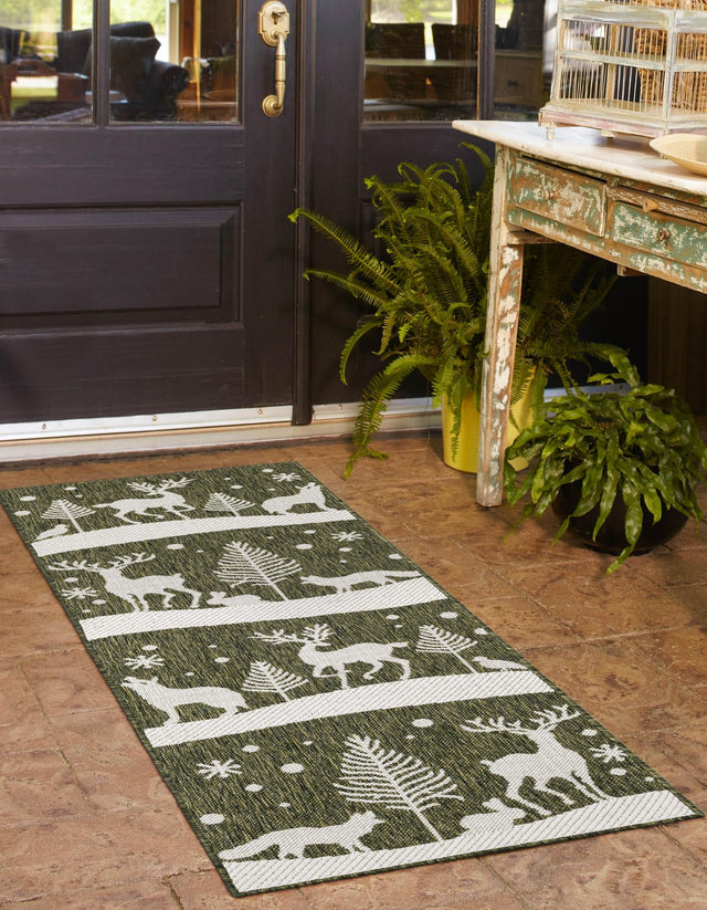 Seasonal Festive Green 2' x 8' Outdoor Holiday Runner Area Rug Weather Resistant for Patio, Deck, Terrace, Balcony, Porch
