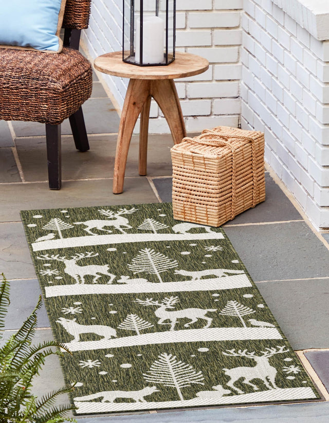 Seasonal Festive Green 2' x 6' 1 Outdoor Holiday Runner Area Rug Weather Resistant for Patio, Deck, Terrace, Balcony, Porch