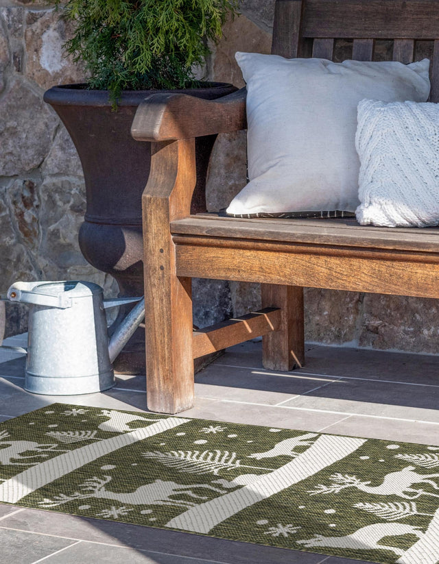 Seasonal Festive Green 2' x 6' 1 Outdoor Holiday Runner Area Rug Weather Resistant for Patio, Deck, Terrace, Balcony, Porch