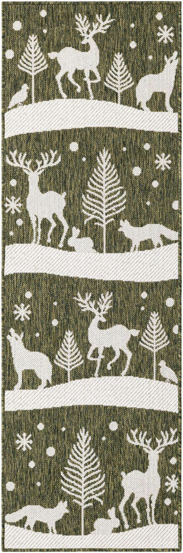 Seasonal Festive Green 2' x 6' 1 Outdoor Holiday Runner Area Rug Weather Resistant for Patio, Deck, Terrace, Balcony, Porch